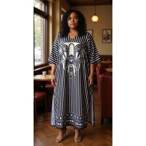 Gypsie Blu Stripe & Animal Printed Long Kaftan Beach Cover Up Dress for Women